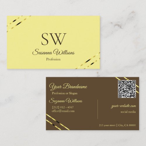 Cappuccino Beige Gold Lines with Monogram QR Code Business Card