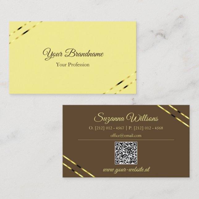 Cappuccino Beige Gold Lines with QR Code Elegant Business Card (Front/Back)