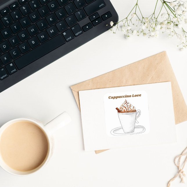 Cappuccino Love Watercolor With Cinnamon Square Sticker (Creator Uploaded)