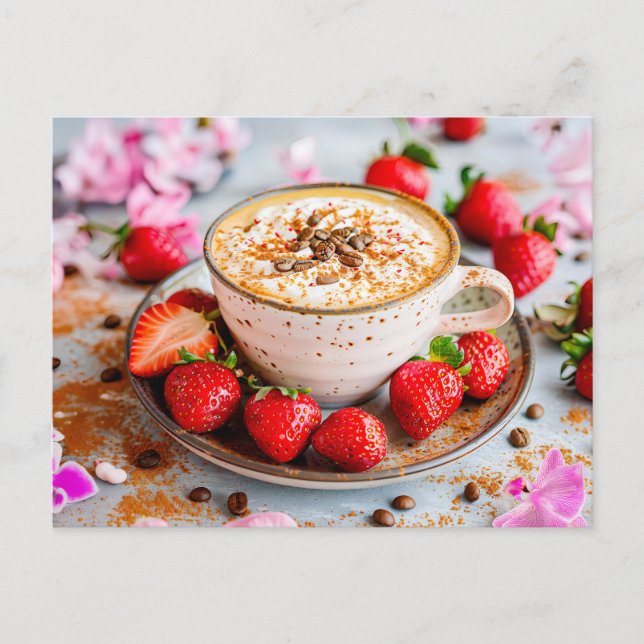 Cappuccino with crema, cinnamon and strawberries holiday postcard (Front)