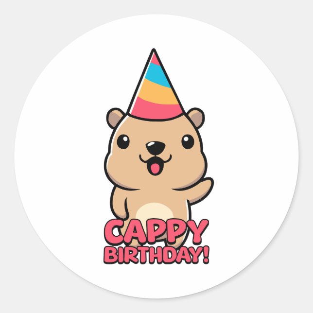 Cappy Birthday! Cute Capybara Pun Cartoon Classic Round Sticker (Front)