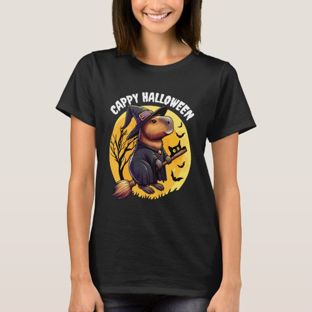Cappy Halloween Funny Capybara Witch Black Cat Spo T-Shirt (Front)