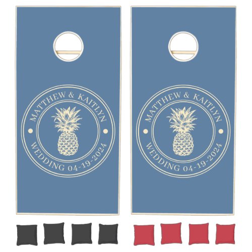 Capri Blue Pineapple Wedding Crest & Names Cornhole Set