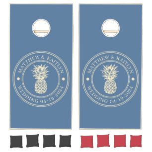 Capri Blue Pineapple Wedding Crest & Names Cornhole Set