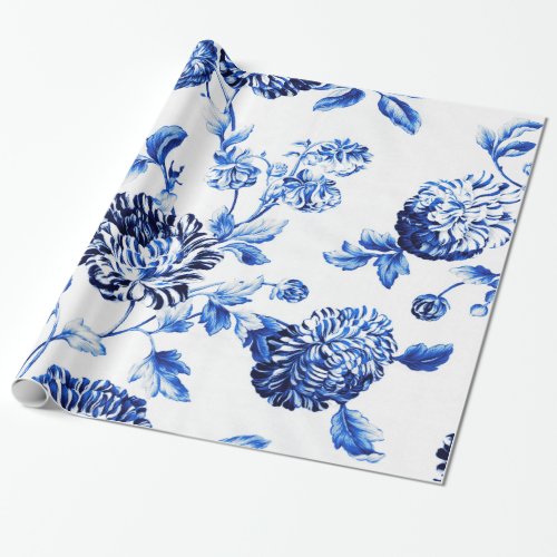 Capri Blue Vintage Botanical Floral Toile Wrapping Paper