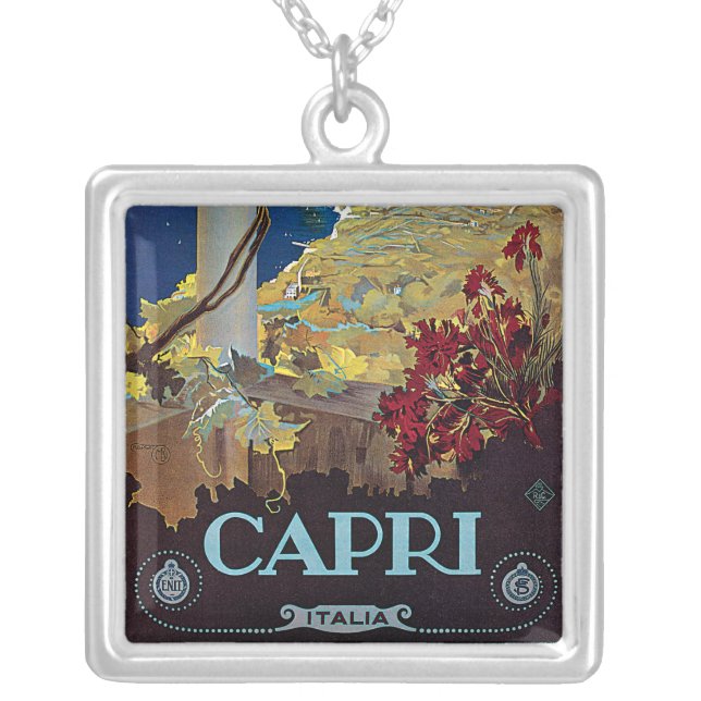 Capri, Italy Vintage Travel Poster Silver Plated Necklace (Front)