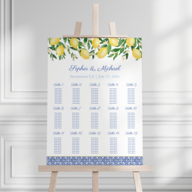 Capri Lemons 15 Tables Wedding Seating Plan Foam Board (15 tables wedding seating chart with watercolor lemons and blue and white italian tile detail)