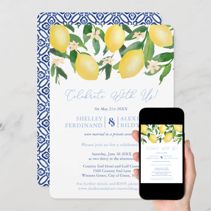 Capri Lemons Blue Tiles Post Wedding Celebration Invitation 