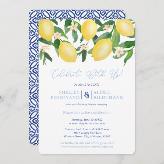 Capri Lemons Blue Tiles Post Wedding Celebration Invitation | Zazzle.com