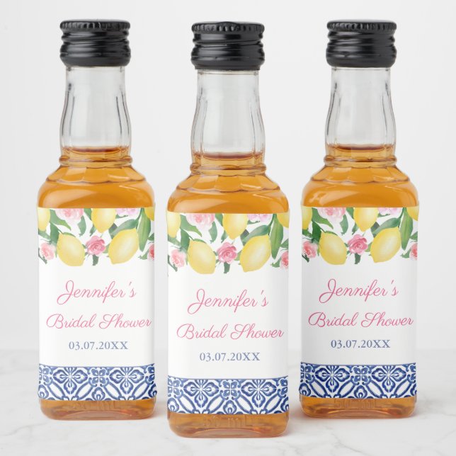 Capri Lemons Blue White Tile Wedding Shower Favor Liquor Bottle Label (Bottles)