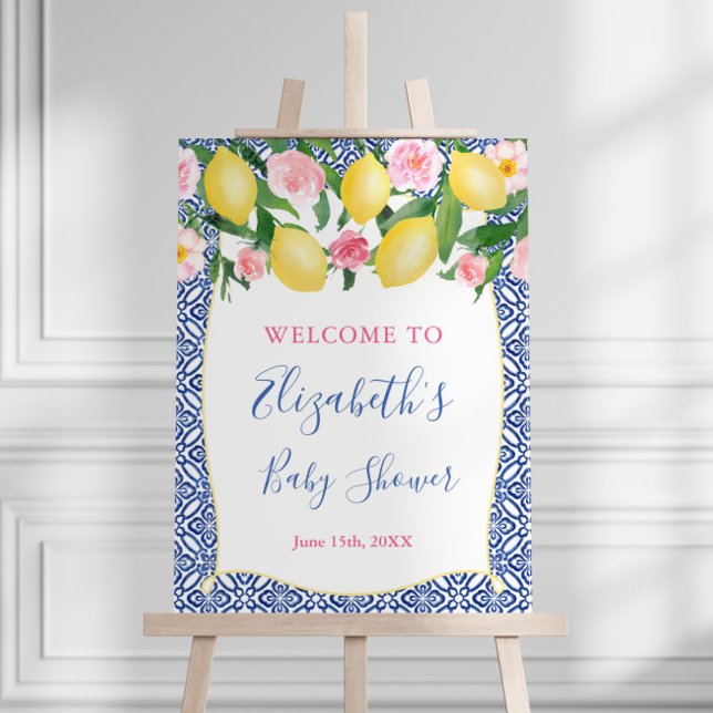 Capri Lemons Blue White Tiles Baby Shower Welcome Foam Board (Pink Floral Lemons Blue Tiles Baby Shower Welcome Sign for Girl Baby Shower Party)