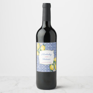 Capri Lemons Blue White Tiles Print Wedding Lunch Wine Label