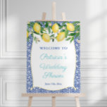 Capri Lemons Cobalt Aqua Wedding Shower Welcome Foam Board<br><div class="desc">Watercolor lemons and pretty blossoms against a background of cobalt blue and white tile pattern for this stylish Bridal Shower or Baby Shower welcome sign.</div>