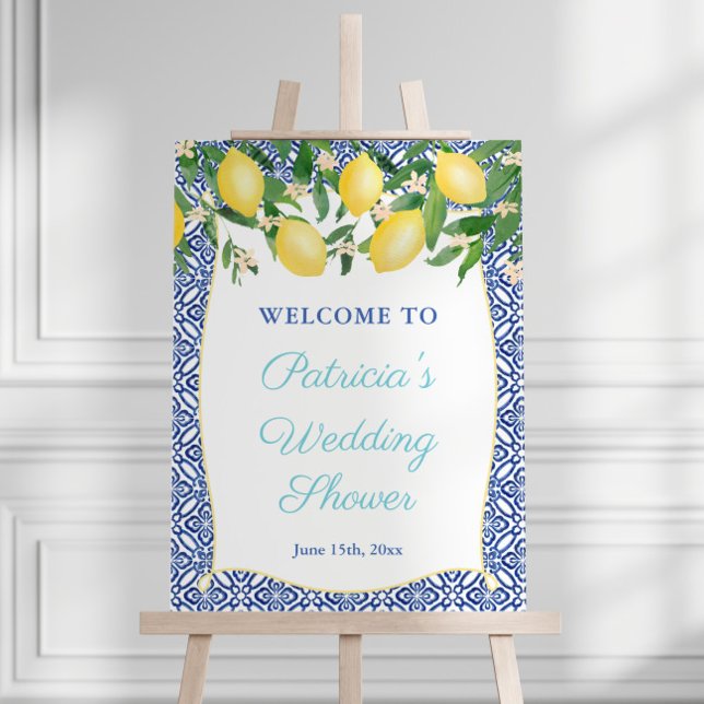 Capri Lemons Cobalt Aqua Wedding Shower Welcome Foam Board (Lemons Teal Blue Text Wedding Shower Party Welcome sign)