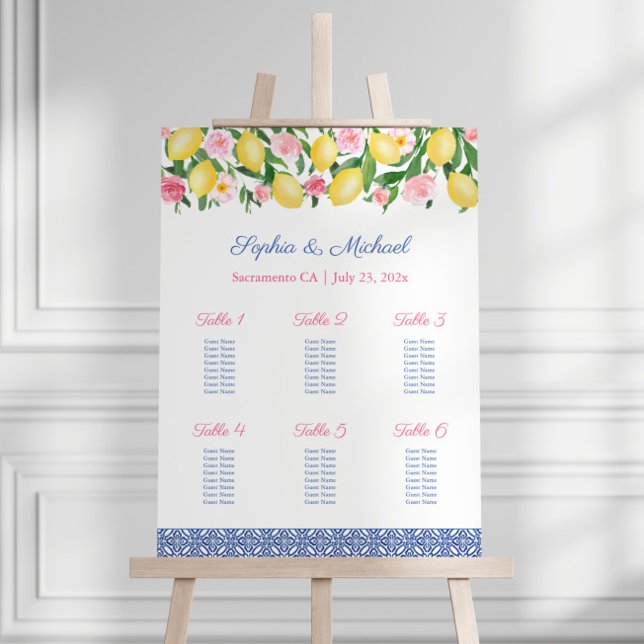 Capri Lemons Pink 6 Tables Wedding Seating Chart Foam Board (Positano Lemons With Pink Flowers And Blue And White Tile Print 6 Tables Wedding Seating Chart )