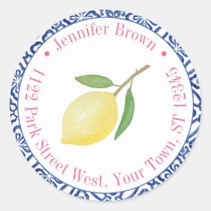 Capri Lemons Pink Blue Tile Shower Return Address Classic Round Sticker