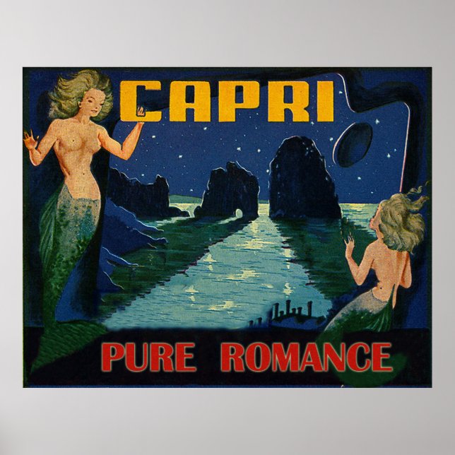 Capri, pure romance, mermaids at night, vintage poster (Front)