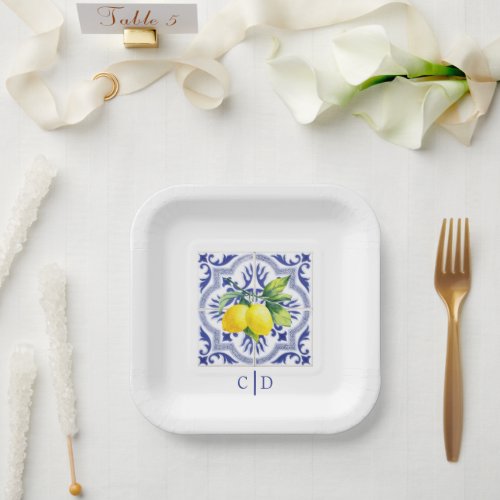 Capri Square Lemon Tile Paper Plate Monograms