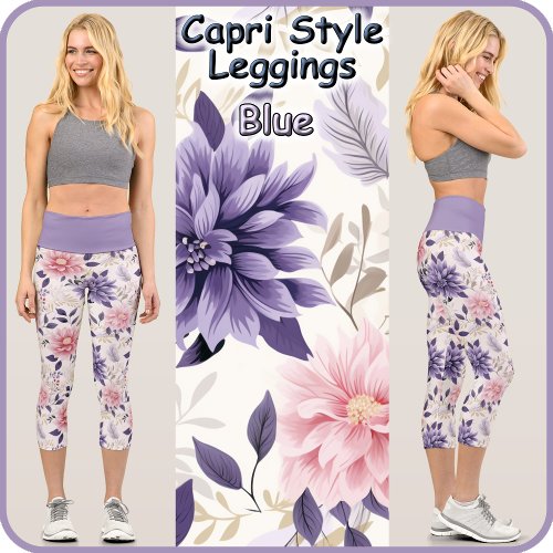 CAPRI STYLE LEGGINGS _ Flowers of Pink  Blue 