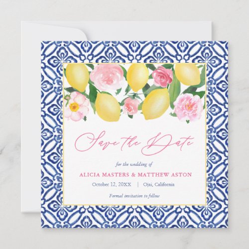 Capri Watercolor Lemons Pink Florals Blue White Save The Date