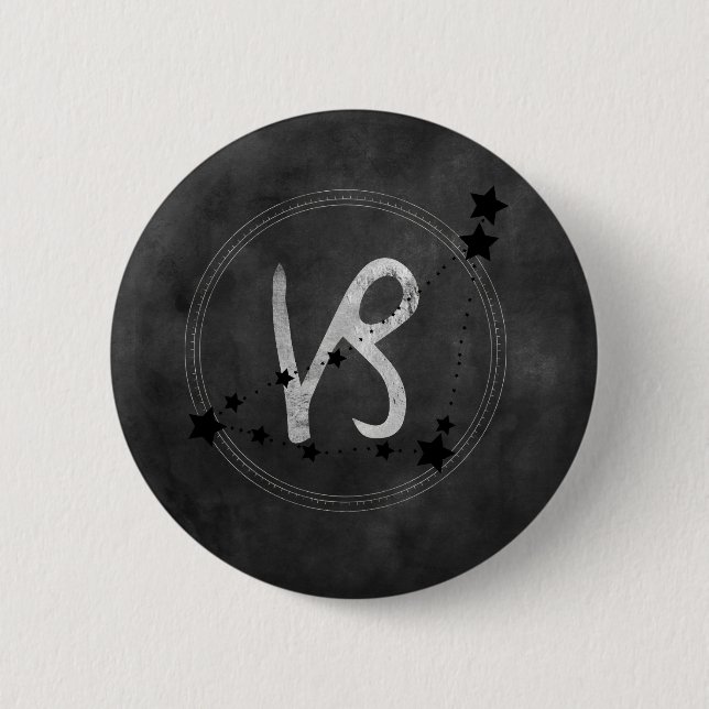 Capricorn black & silver zodiac constellation grey button (Front)