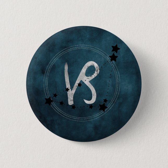 Capricorn black & silver zodiac constellation teal button (Front)