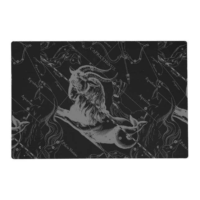 Capricorn Constellation Hevelius 1690 on Black Placemat (Front)