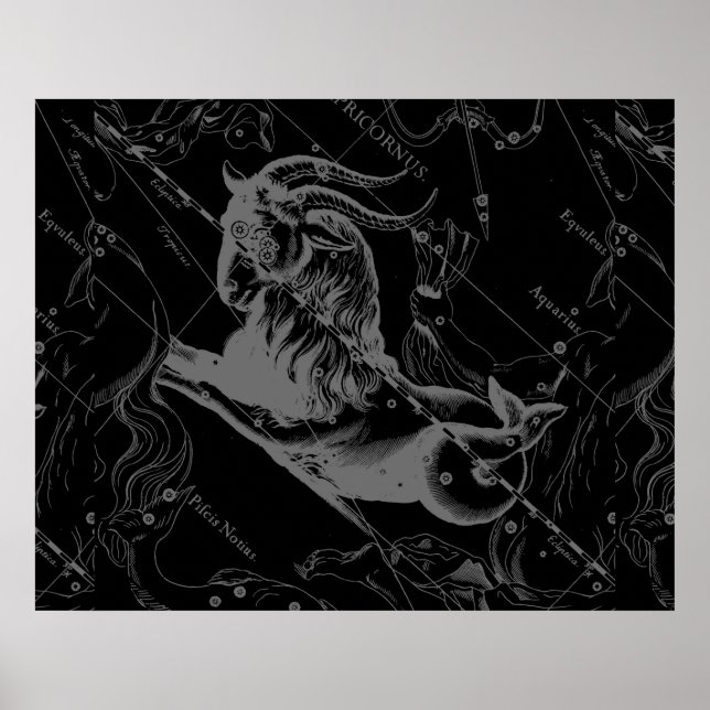 Capricorn Constellation Hevelius 1690 on Black Poster (Front)