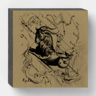 Capricorn Constellation Hevelius 1690 on Taupe Wooden Box Sign