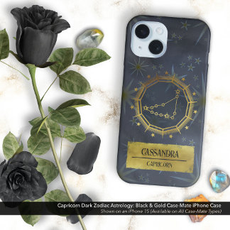 Capricorn Dark Zodiac Astrology: Black & Gold iPhone 16 Case