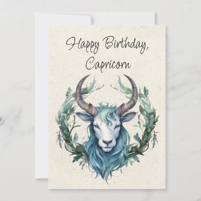 Capricorn Goat Zodiac Watercolor Birthday Card (Front)