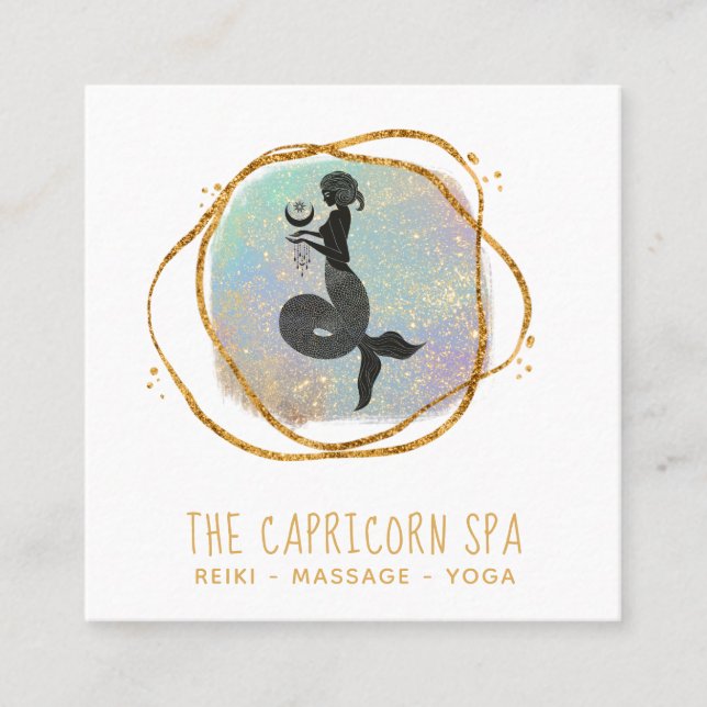*~* Capricorn Goddess Mermaid Opal Gold Black  Square Business Card (Front)