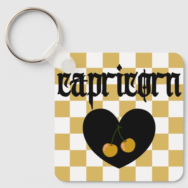 Capricorn Gothic Aesthetic Checkered Cherry Design Keychain (Front)