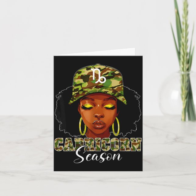 Capricorn Season Black Woman With Camo Hat Birthda Card (Front)