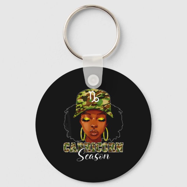 Capricorn Season Black Woman With Camo Hat Birthda Keychain (Front)
