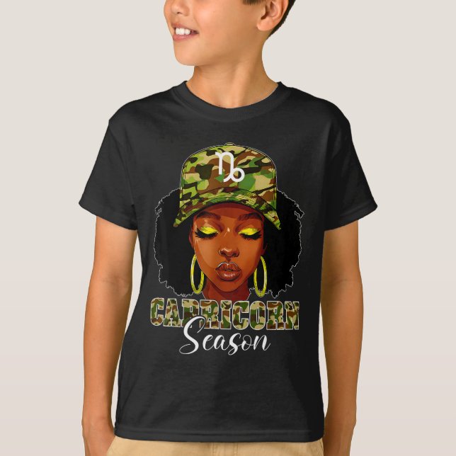 Capricorn Season Black Woman With Camo Hat Birthda T-Shirt (Front)