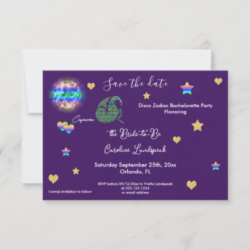 Capricorn Sign  Disco Ball Bachelorette Party Save The Date
