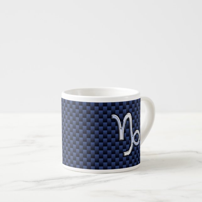 Capricorn Sign Navy Blue Carbon Fiber Style Espresso Cup (Front Right)