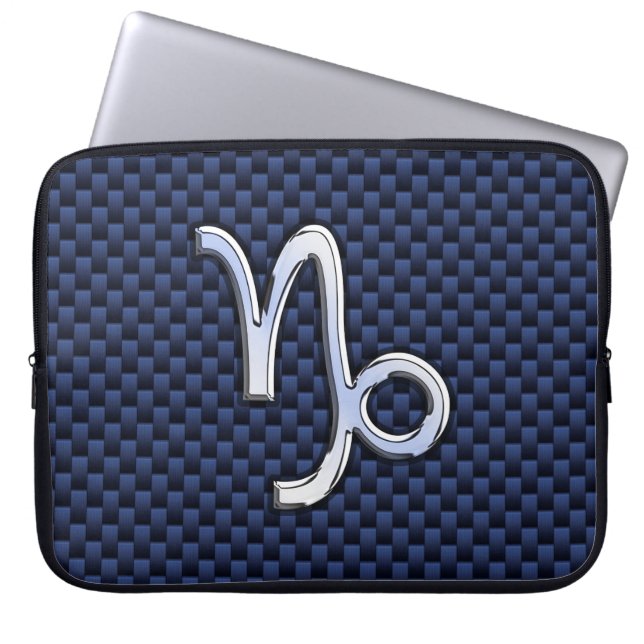 Capricorn Sign Navy Blue Carbon Fiber Style Laptop Sleeve (Front)