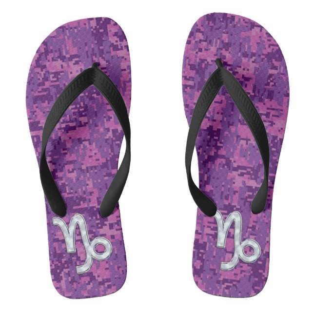 Capricorn Sign on Fuchsia Digital Camouflage Flip Flops (Footbed)