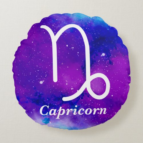 Capricorn Symbol Purple Blue Space Nebula Round Pillow