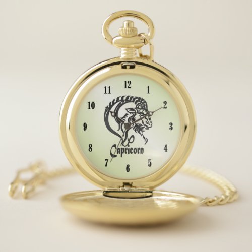 Capricorn the Sea Goat Zodiac Green Pocket Watch