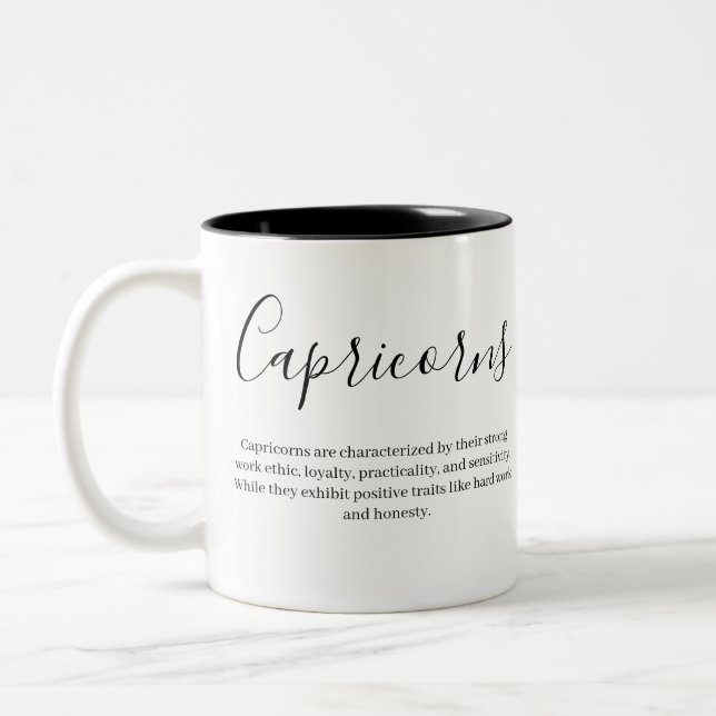 Capricorn Traits and Zodiac Sign Two-Tone Coffee Mug (Left)