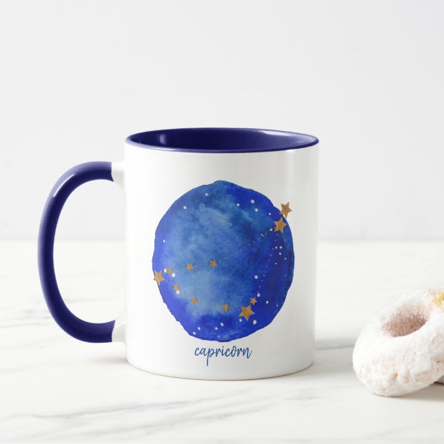 Capricorn Watercolor Sky Constellation Zodiac Mug (With Donut)