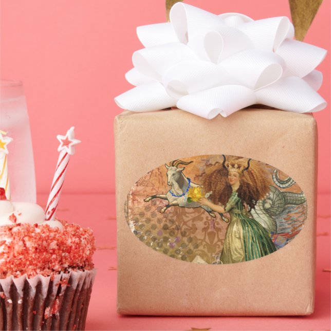 Capricorn Woman Goat Whimsical Fun Oval Sticker (Party)