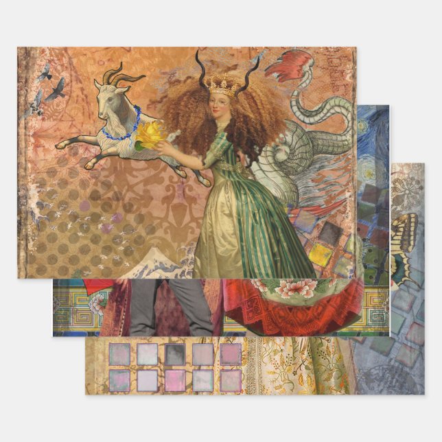 Capricorn Woman Goat Whimsical Fun Wrapping Paper Sheets (Set)