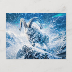 Capricorn Zodiac as Majestic Ram Under Aurora Sky Postcard