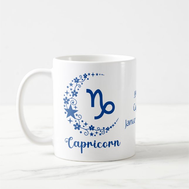 Capricorn Zodiac Astrology Birthday Blue White Coffee Mug (Left)
