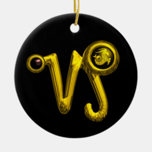 CAPRICORN ZODIAC BIRTHDAY JEWEL BLACK ONYX Gold Ceramic Ornament