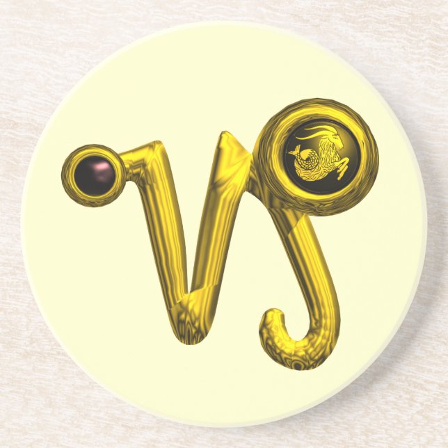 CAPRICORN ZODIAC BIRTHDAY JEWEL Gold ,Black Onyx Drink Coaster (Front)